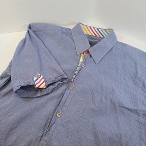 Jared Lang Short Sleeve Large Blue with Rainbow Contrast Button Up 100% Cotton
